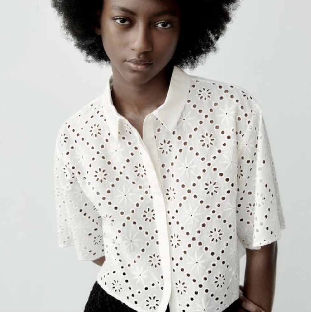 Open work embroidery shirt eyelet cropped